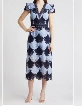 Adelyn Rae Crochet Lace V-Neck Flutter Short Sleeve Midi Dress